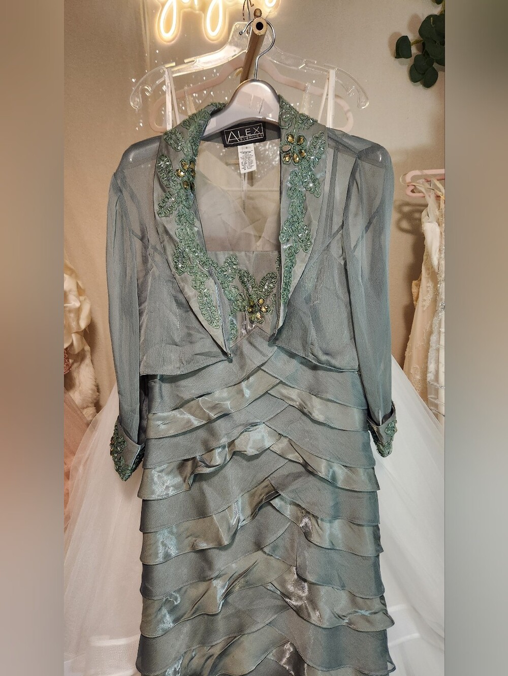 Vintage Alex Evenings Size 8 Green Tiered Evening Gown with Jacket - Picture 10 of 12